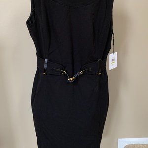 Calvin Klein Black Sheath Dress with Gold Buttons, Back Zipper and Front Belt
